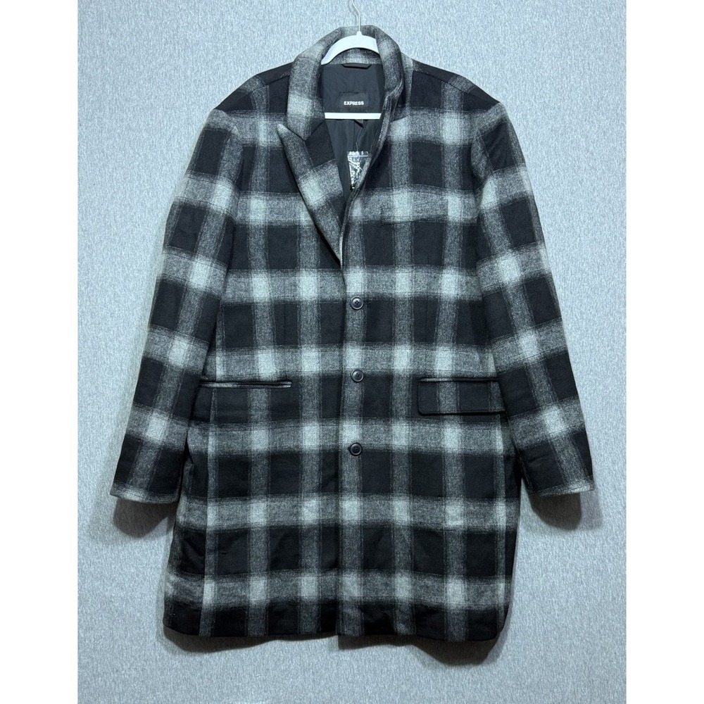 Express Jacket Mens XXL Conscious Edit Wool Plaid Top Coat Black Gray 340$ NEW